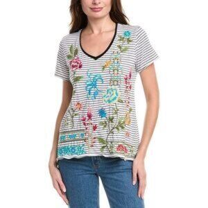 Johnny Was Womens  Sheri Everyday Stripe T-Shirt, White Large